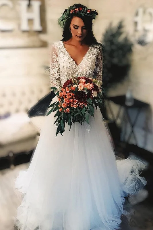 Wedding Dresses with Cutouts for Bold Look -Long Sleeve Lace Tulle V Neck Boho Beach Wedding Dress Rustic Bridal Dress OKH76