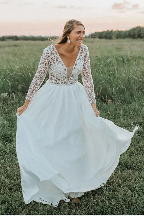 Wedding Dresses with Pleated Skirt for Elegant Volume -Long Sleeves A Line V Neck Lace Top Long Wedding Dresses OKG80 Wedding Dresses with Pleated Skirt for Elegant Volume -Long Sleeves A Line V Neck Lace Top Long Wedding Dresses OKG80