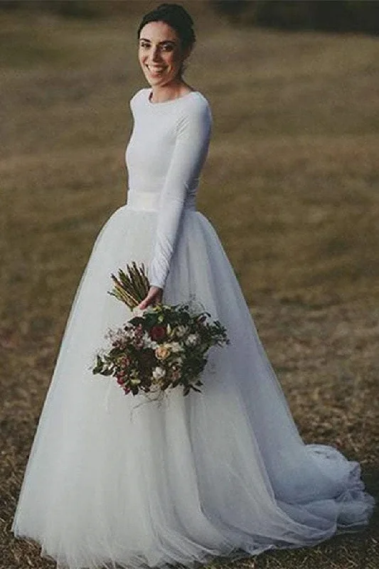High-Neck Wedding Dresses with Lace for Modern Romance -Long Sleeves Jersey Top Fluffy Tulle Wedding Dresses Simple Bridal Dresses OK1950