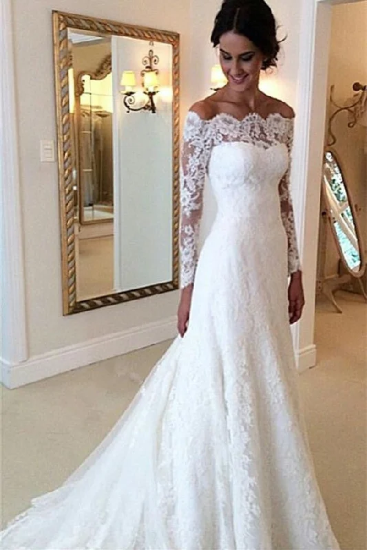 Long-Tailed Wedding Dresses for Dramatic Look -Long Sleeves Lace A-line Boat Neckline Ivory Long Bridal Dresses Wedding Dresses W33 Long-Tailed Wedding Dresses for Dramatic Look -Long Sleeves Lace A-line Boat Neckline Ivory Long Bridal Dresses Wedding Dresses W33