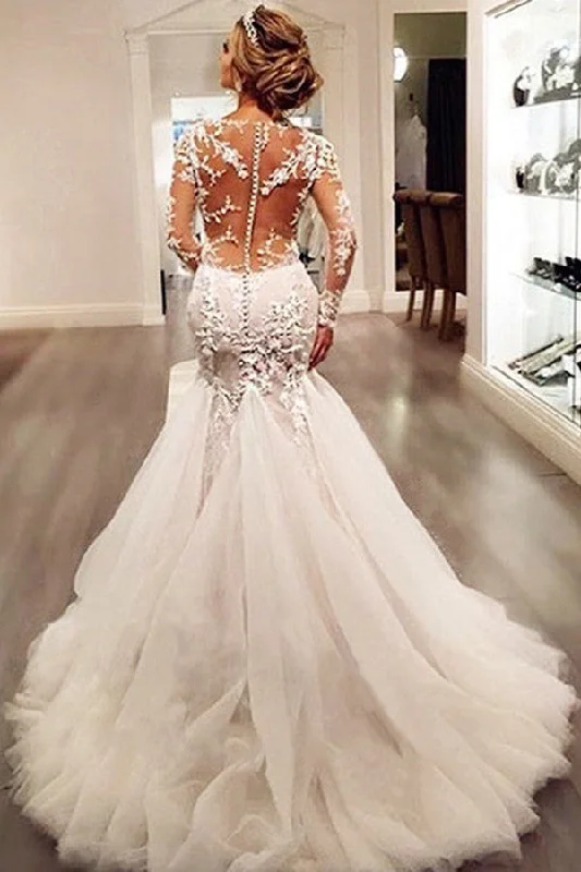 Off-The-Shoulder Lace Wedding Dresses for Romantic Feel -Long Sleeves Mermaid Tulle Sexy Long Ivory Wedding Dress/Bridal Gown OK198 Off-The-Shoulder Lace Wedding Dresses for Romantic Feel -Long Sleeves Mermaid Tulle Sexy Long Ivory Wedding Dress/Bridal Gown OK198