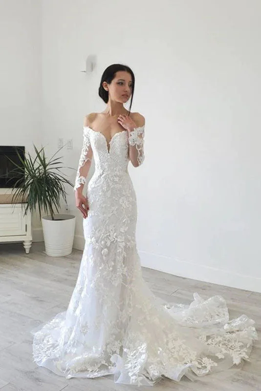 Wedding Dresses with Detachable Skirt for Versatility -Long Sleeves Mermaid Wedding Dresses, Off Shoulder Lace Bridal Gowns OK1948 Wedding Dresses with Detachable Skirt for Versatility -Long Sleeves Mermaid Wedding Dresses, Off Shoulder Lace Bridal Gowns OK1948