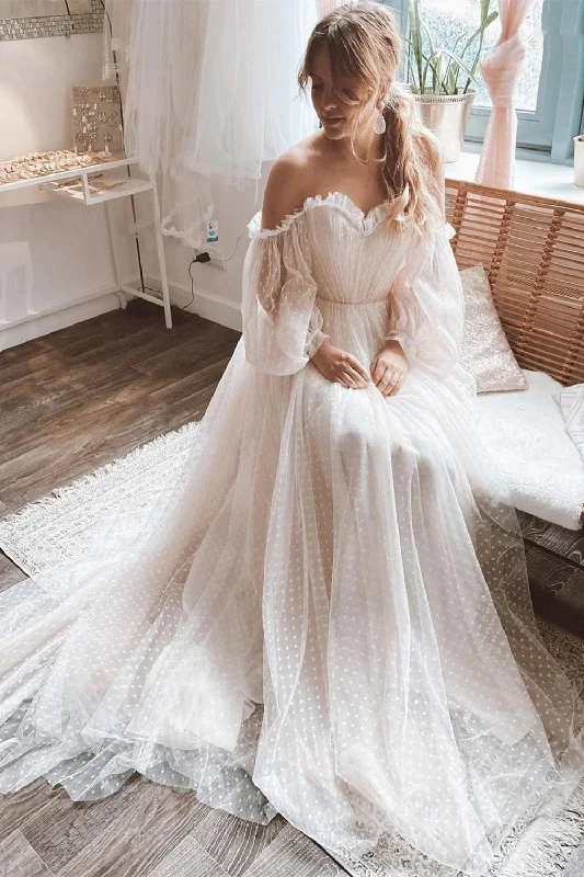 Wedding Dresses with Floral Embroidery for Feminine Touch -Long Sleeves Off Shoulder Wedding Dressesm Princess Boho A-line Wedding Dresses OK1946
