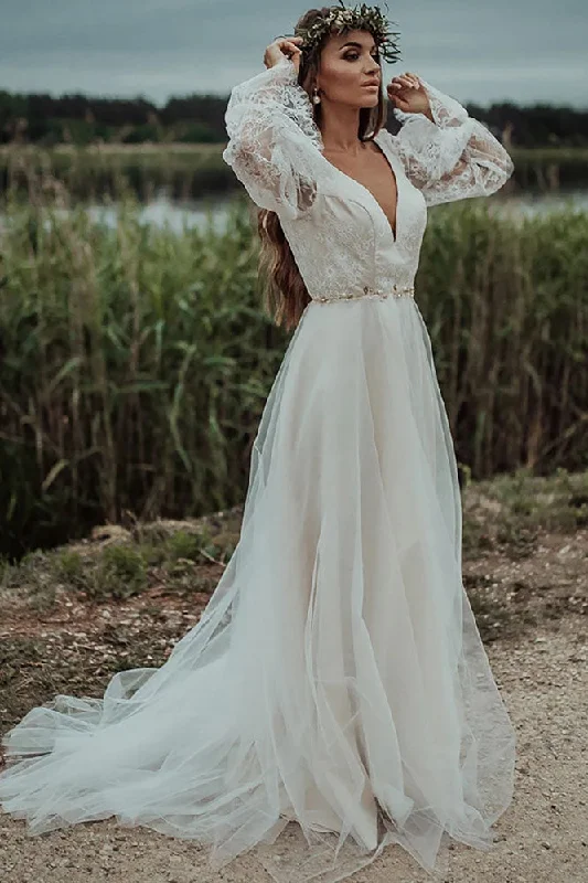 Lace Wedding Dresses with Cap Sleeves for Modest Style -Long Sleeves V Neck Beach Wedding Dress Boho High Slit Backless Bridal Gowns OKY95