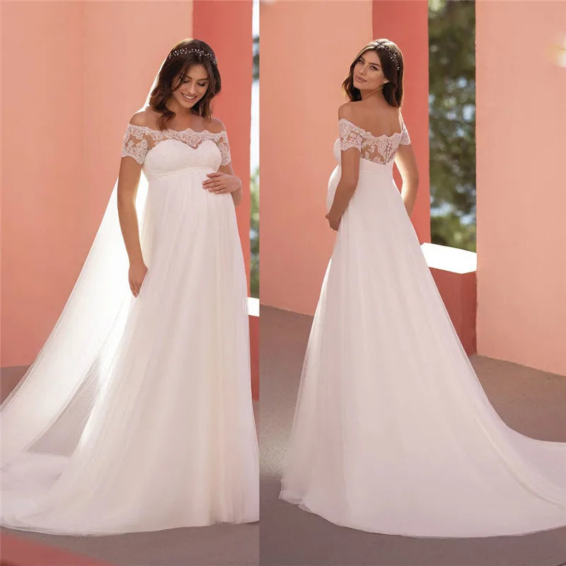 Vintage Bohemian Wedding Dresses for Soft Style -Long Wedding Dress For Pregnant Woman Short Sleeves Boat Neck Empire A-line Vintage Bohemian Wedding Dresses for Soft Style -Long Wedding Dress For Pregnant Woman Short Sleeves Boat Neck Empire A-line