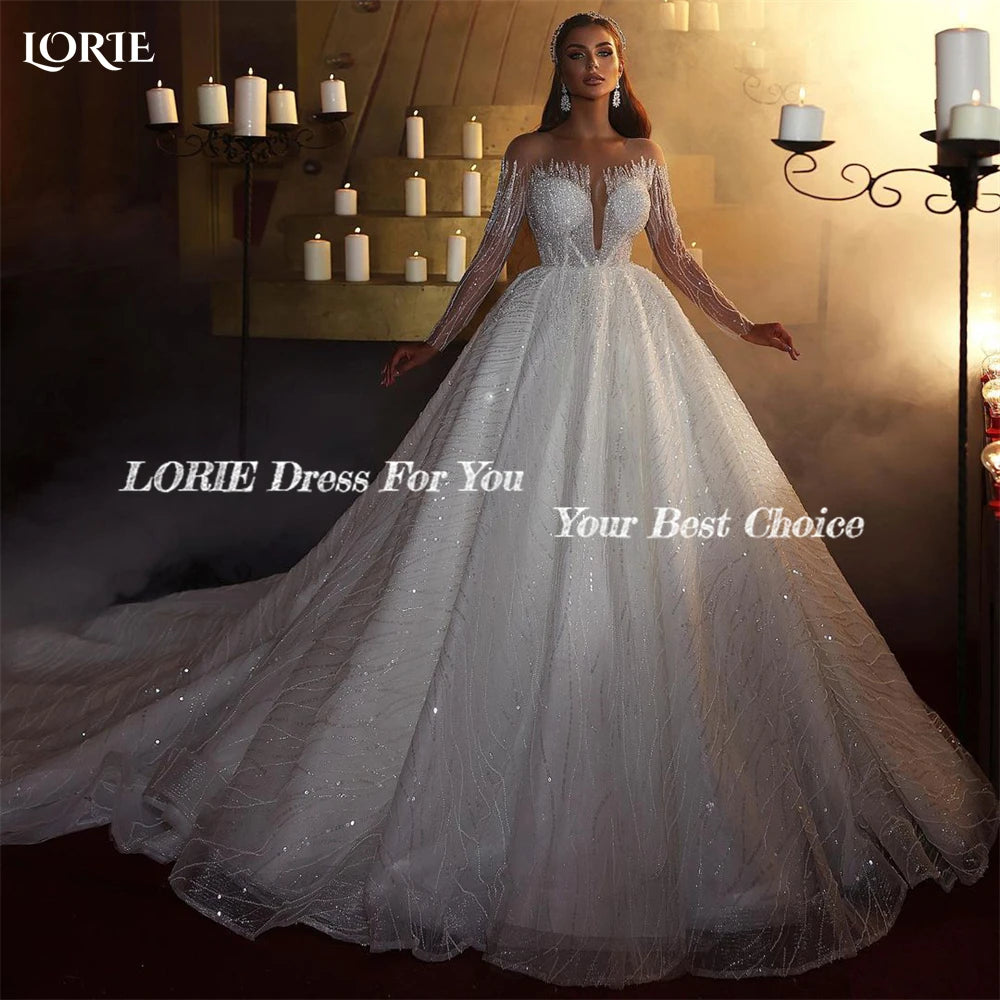 Luxe Lace Wedding Dresses for Sophisticated Brides -Wedding Dresses Shiny Off Shoulder Long Sleeves Striped Bridal Gowns