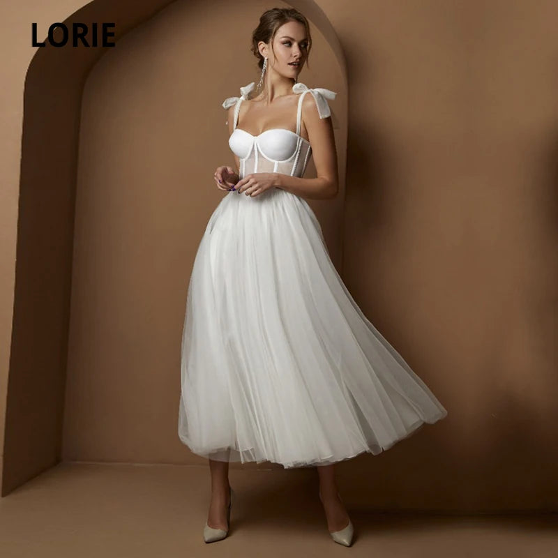 Lace Wedding Dresses with Puff Sleeves for Romantic Charm -Short Wedding Dresses Modern Boning Spaghetti Strap A Line Tea Length White Lace Wedding Dresses with Puff Sleeves for Romantic Charm -Short Wedding Dresses Modern Boning Spaghetti Strap A Line Tea Length White