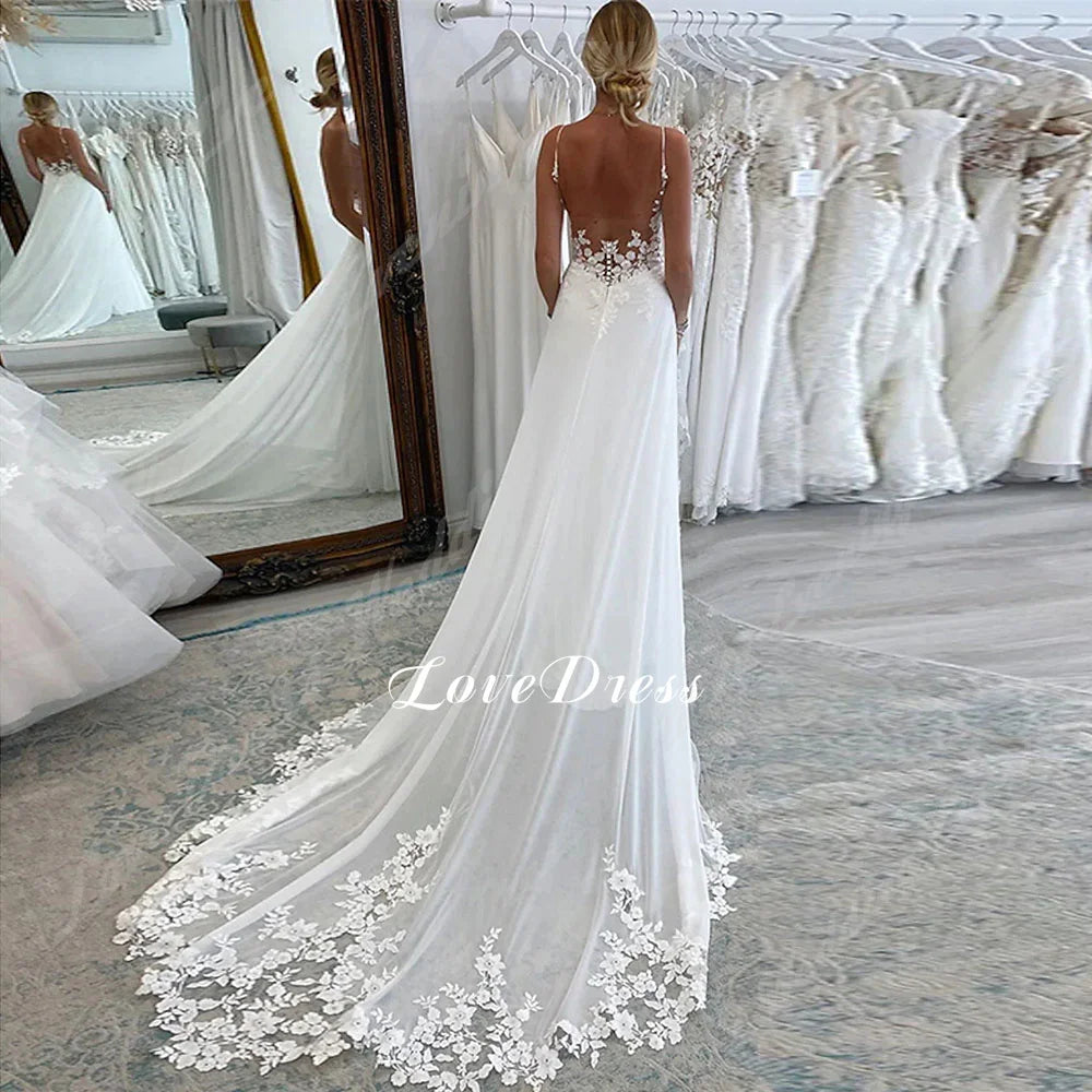 Wedding Dresses with Tiered Skirt for Volume -V Neck Wedding Dresses Lace Appliques Backless A-Line Wedding Gown Wedding Dresses with Tiered Skirt for Volume -V Neck Wedding Dresses Lace Appliques Backless A-Line Wedding Gown