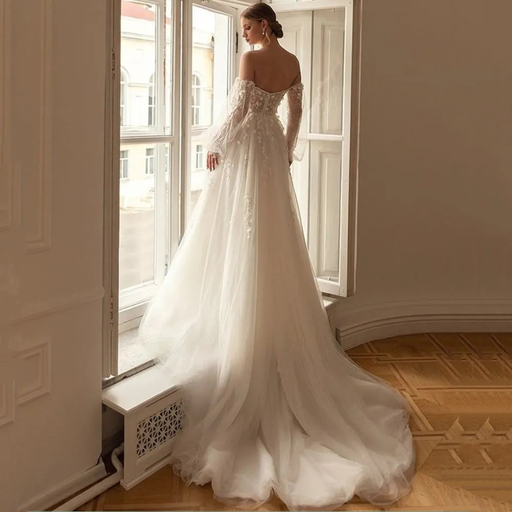 Wedding Dresses with Satin Train for Glamorous Effect -Wedding Dress Lantern Sleeve Lace Appliques Modern A-Line Bride Gown Wedding Dresses with Satin Train for Glamorous Effect -Wedding Dress Lantern Sleeve Lace Appliques Modern A-Line Bride Gown