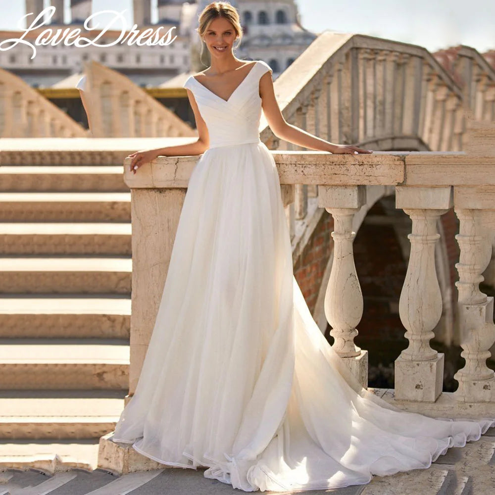 Wedding Dresses with Beaded Bodice for Sparkling Look -V-Neck Weeding Dress Cap Sleeves Pleats Organza Satin Bohemian A-Line Bride Gown Wedding Dresses with Beaded Bodice for Sparkling Look -V-Neck Weeding Dress Cap Sleeves Pleats Organza Satin Bohemian A-Line Bride Gown