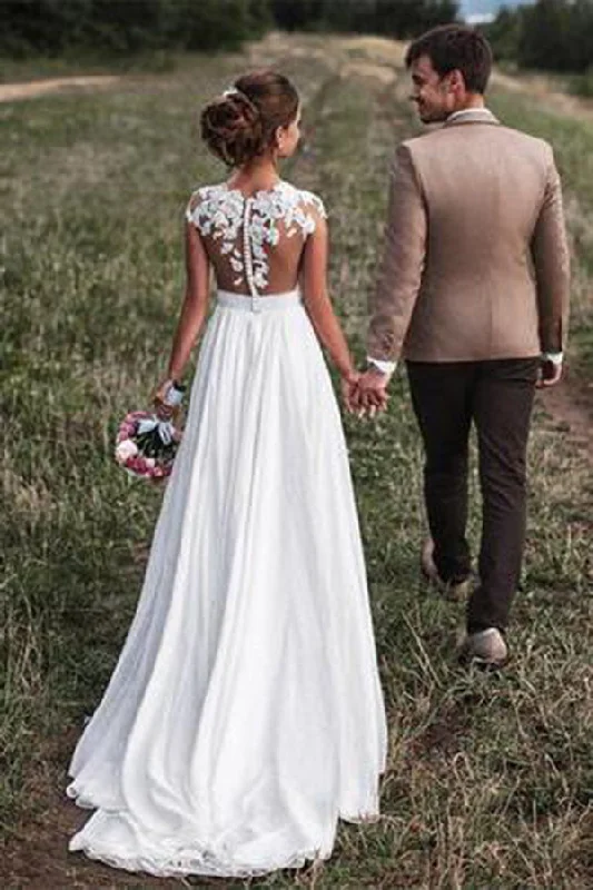 Fit and Flare Wedding Dresses for Classic Style -Pretty Off White Lace Appliques Cap Sleeves Long Chiffon Beach Wedding Dress New OK827