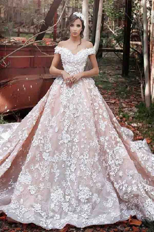 Bridal Wedding Dresses with Detachable Skirts for Versatility -Luxurious Off Shoulder Watteau Train Formal Lace Dramatic Blush Wedding Dress OK549 Bridal Wedding Dresses with Detachable Skirts for Versatility -Luxurious Off Shoulder Watteau Train Formal Lace Dramatic Blush Wedding Dress OK549