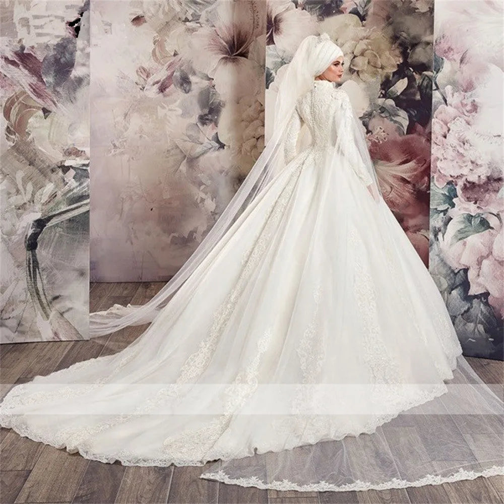 Luxury Bridal Dresses for Extravagant Weddings -Wedding Dresses High Neck Long Sleeve Tulle Lace Applique Beading