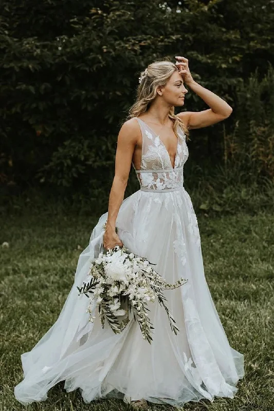 Strapless Satin Wedding Dresses for Sophisticated Charm -Marvelous V-neck A-line Wedding Dress Appliques Tulle Bridal Gowns OKU42