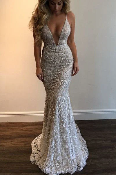 Bridal Satin Wedding Dresses for Luxurious Appeal -Mermaid Spaghetti Straps Prom Dress,Beading Lace V-neck Prom Dress Sexy Wedding Dress OK171