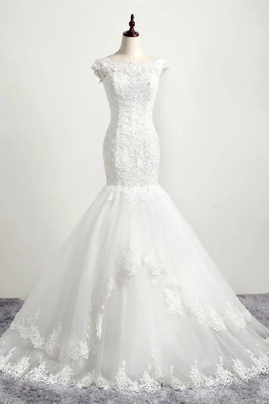 Bridal Gowns with A-Line Skirt for Timeless Elegance -Mermaid Boat Neckline Open Back Lace Up White Long Wedding Dress W25 Bridal Gowns with A-Line Skirt for Timeless Elegance -Mermaid Boat Neckline Open Back Lace Up White Long Wedding Dress W25