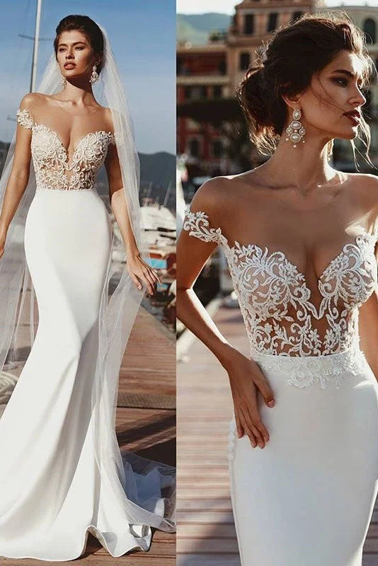 Wedding Dresses with Floral Embroidery for Soft Detail -Fashion Mermaid Cap Sleeves Sheer Neck Long Wedding Dress OKP71