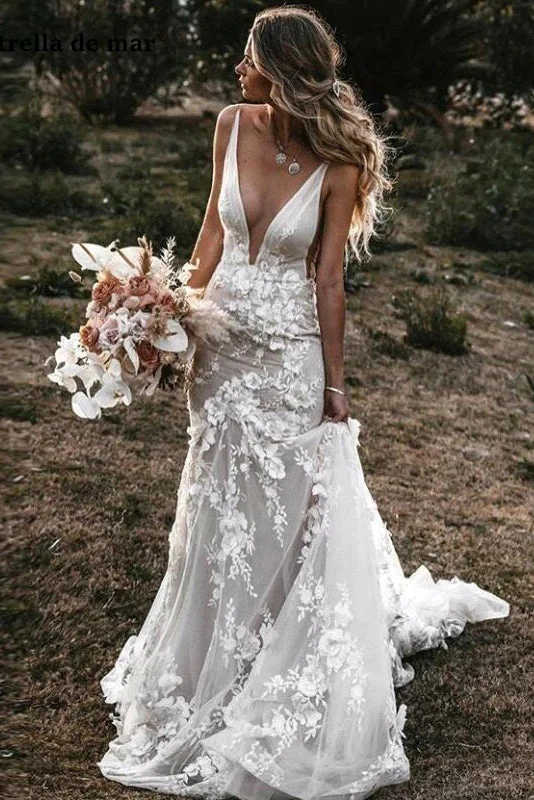 Classic Lace Wedding Dresses for Timeless Brides -Mermaid Deep V Neck Backless Wedding Dress Tulle Bridal Gown Appliqued Lace OKV55