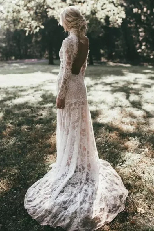 Off-The-Shoulder Wedding Dresses for Soft Look -Mermaid High Neck Backless Long Sleeves Boho Lace Wedding Dresses OKL48