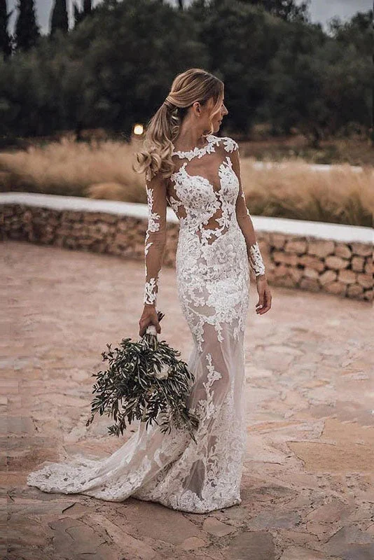 Wedding Dresses with Flutter Sleeves for Soft Elegance -Mermaid Lace Appliques Long Sleeve Bridal Wedding Gown Illusion Bottom Wedding Dresses OKV29