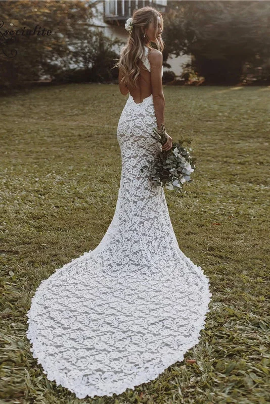 Ruched Wedding Dresses for Slimming Effect -Mermaid Lace Beach Wedding Dresses Backless Slit Sexy Bohemian Bridal Gowns OKV12