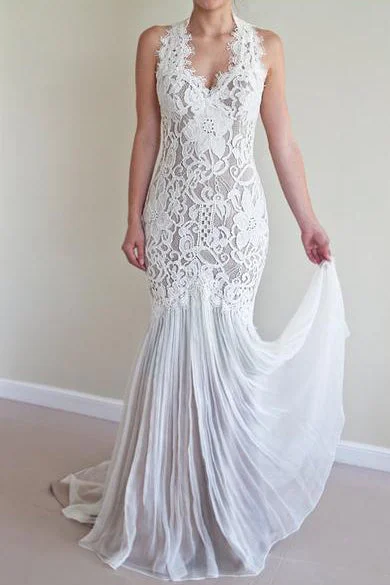 Sleeveless Lace Wedding Dresses for Graceful Look -Mermaid Lace Unique Flowy Keyhole Back Long Wedding Dress OK800 Sleeveless Lace Wedding Dresses for Graceful Look -Mermaid Lace Unique Flowy Keyhole Back Long Wedding Dress OK800