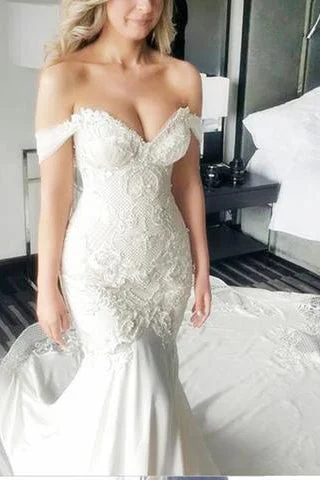 Wedding Dresses with Long Train for Dramatic Effect -Stunning Mermaid Off-the-Shoulder Lace Long Cheap Count Train Backless Plus Size Wedding Dress OK774 Wedding Dresses with Long Train for Dramatic Effect -Stunning Mermaid Off-the-Shoulder Lace Long Cheap Count Train Backless Plus Size Wedding Dress OK774