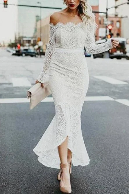 Elegant Tulle Wedding Dresses with Crystal Detail -Mermaid Off-the-Shoulder Long Sleeves High Low Lace Beach Wedding Dress OKR81 Elegant Tulle Wedding Dresses with Crystal Detail -Mermaid Off-the-Shoulder Long Sleeves High Low Lace Beach Wedding Dress OKR81
