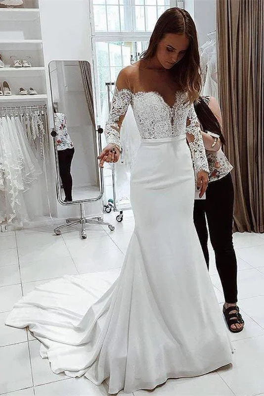 Simple and Elegant Wedding Dresses for Sophisticated Brides -Mermaid Off the Shoulder Long Sleeves Lace Elegant Wedding Dress OK1077 Simple and Elegant Wedding Dresses for Sophisticated Brides -Mermaid Off the Shoulder Long Sleeves Lace Elegant Wedding Dress OK1077