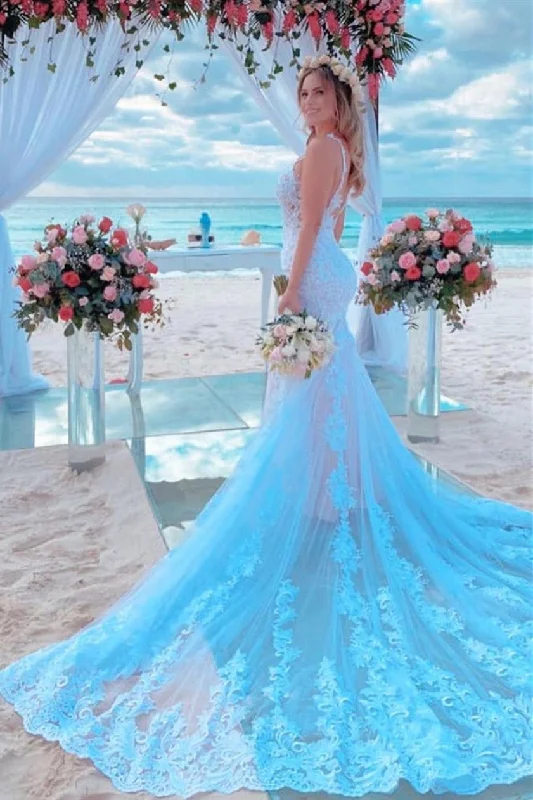 Wedding Dresses with Intricate Beading for Sparkling Effect -Mermaid Spaghetti Strap White Tulle Appliqued Wedding Dress with Long Train OK1566 Wedding Dresses with Intricate Beading for Sparkling Effect -Mermaid Spaghetti Strap White Tulle Appliqued Wedding Dress with Long Train OK1566