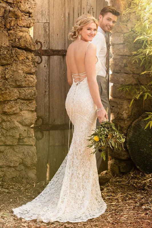 Off-White Satin Wedding Dresses for Softness -Mermaid Spaghetti Straps Backless Ivory Lace Wedding Dresses Elegant Bridal Dress OKL61 Off-White Satin Wedding Dresses for Softness -Mermaid Spaghetti Straps Backless Ivory Lace Wedding Dresses Elegant Bridal Dress OKL61
