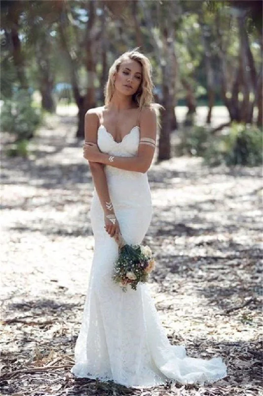 Fitted Wedding Dresses for Sculpted Silhouette -Mermaid Spaghetti Straps Lace V-neck Bakcless Sexy Beach/Coast Wedding Dress OK263