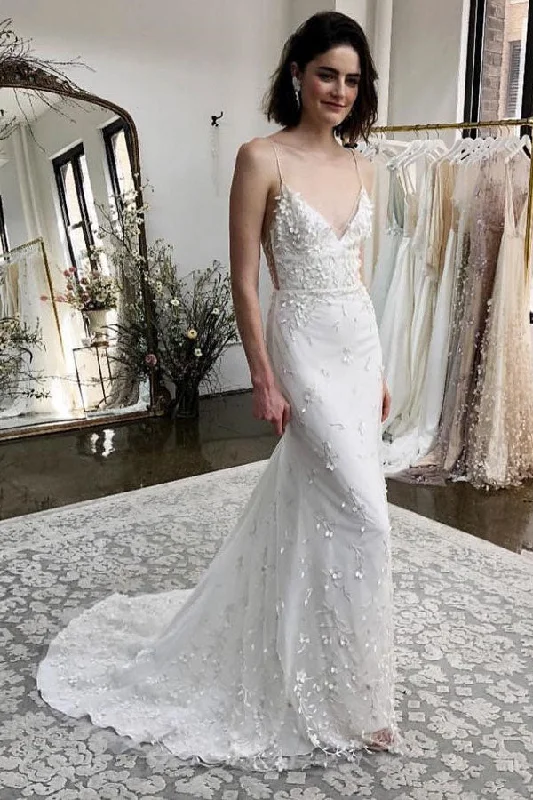 Modern Wedding Dresses with Clean Lines for Sleek Look -Mermaid Spaghetti Straps Sweep Train Appliqued Wedding Dresses OKM24