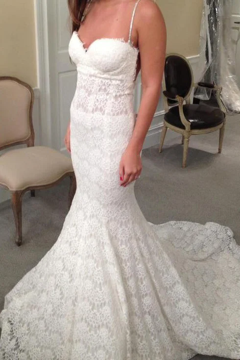 Vintage Wedding Dresses with Beading for Timeless Elegance -Mermaid Sweetheart Spaghetti Straps Lace Backless Court Train Wedding Dresses OKB03 Vintage Wedding Dresses with Beading for Timeless Elegance -Mermaid Sweetheart Spaghetti Straps Lace Backless Court Train Wedding Dresses OKB03