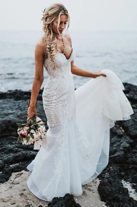 Strapless Wedding Gowns with Embellishments for Glamorous Touch -Mermaid Sweetheart Sweep Train Elegant Wedding Dress with Lace Appliques OKR77