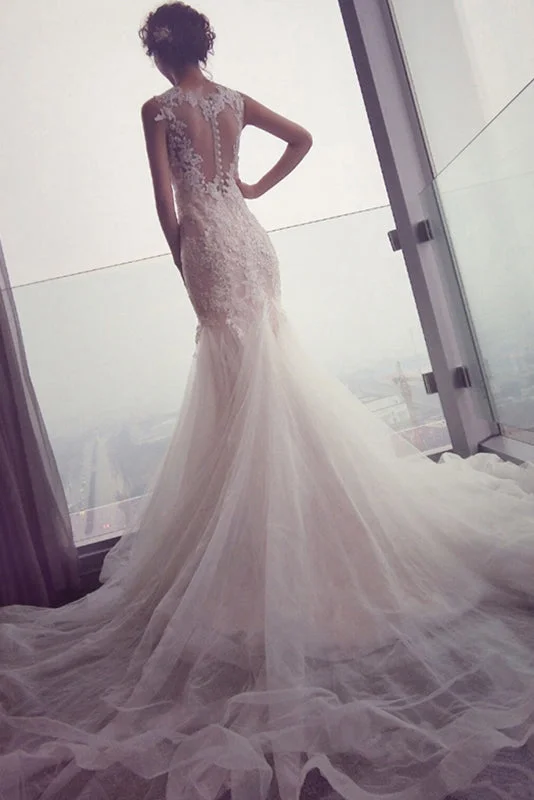 Timeless Satin Wedding Dresses for Classy Appeal -Mermaid Tulle Lace Sleeveless Long Count Train Wedding Dresses OK640 Timeless Satin Wedding Dresses for Classy Appeal -Mermaid Tulle Lace Sleeveless Long Count Train Wedding Dresses OK640