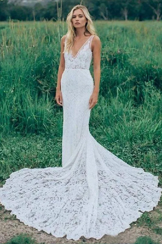 Off-Shoulder Lace Wedding Dresses for Soft, Romantic Vibe -Mermaid V Neck Backless White Lace Long Wedding Dress Beach Boho Bridal Dress OKF76 Off-Shoulder Lace Wedding Dresses for Soft, Romantic Vibe -Mermaid V Neck Backless White Lace Long Wedding Dress Beach Boho Bridal Dress OKF76