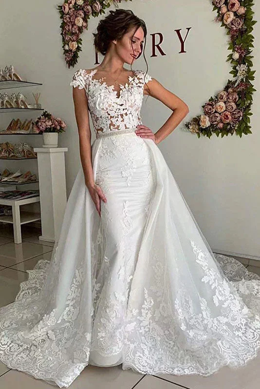 Boho-Chic Wedding Dresses for Free-Spirited Brides -Mermaid V-Neck Cap Sleeves Detachable Lace Train Long Wedding Dress With Beads OK1513 Boho-Chic Wedding Dresses for Free-Spirited Brides -Mermaid V-Neck Cap Sleeves Detachable Lace Train Long Wedding Dress With Beads OK1513