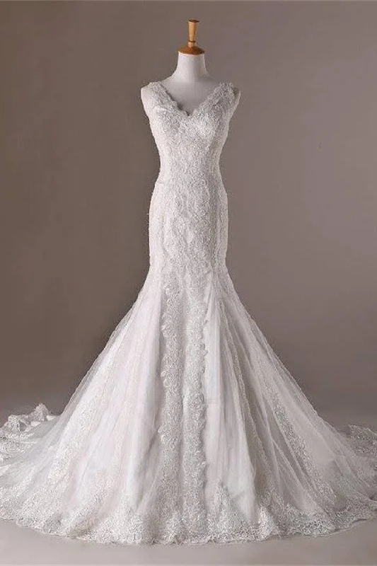 Wedding Dresses with Sheer Panels for Subtle Appeal -Mermaid V-neck Long Lace Sweep Train Lace Up Modest Wedding Dress W22 Wedding Dresses with Sheer Panels for Subtle Appeal -Mermaid V-neck Long Lace Sweep Train Lace Up Modest Wedding Dress W22