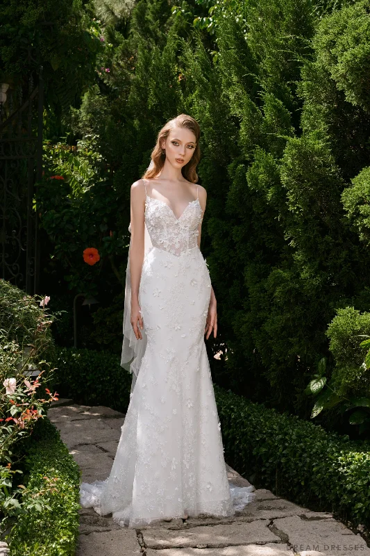 Wedding Dresses with Pleated Detail for Elegant Look -Spaghetti Strap Mermaid Wedding Dress (#AMANDA)