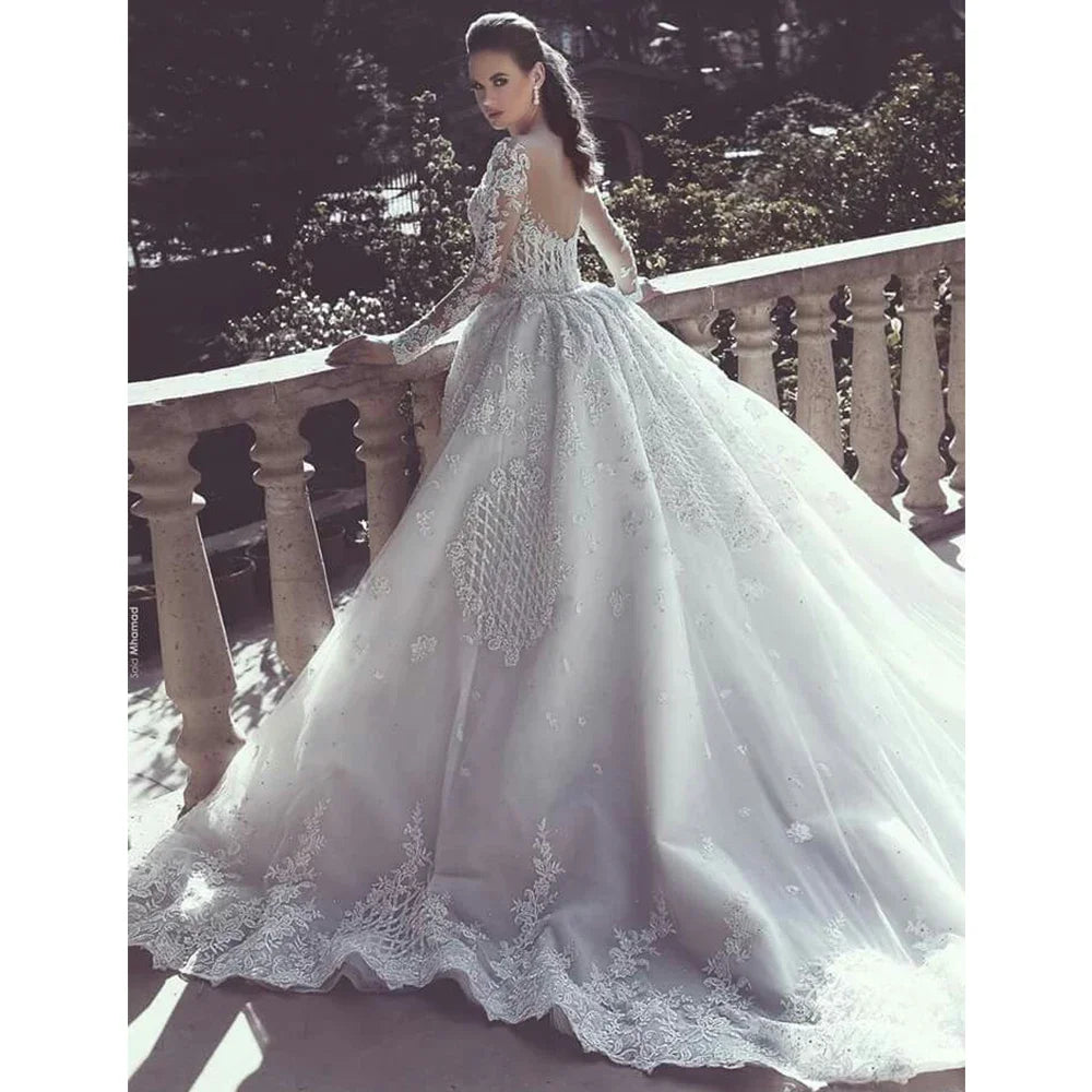 Soft Satin Wedding Dresses with V-Neck for Flattering Look -Mermaid Women's Lace Wedding Dresses Detachable Lace Applique Long Sleeve
