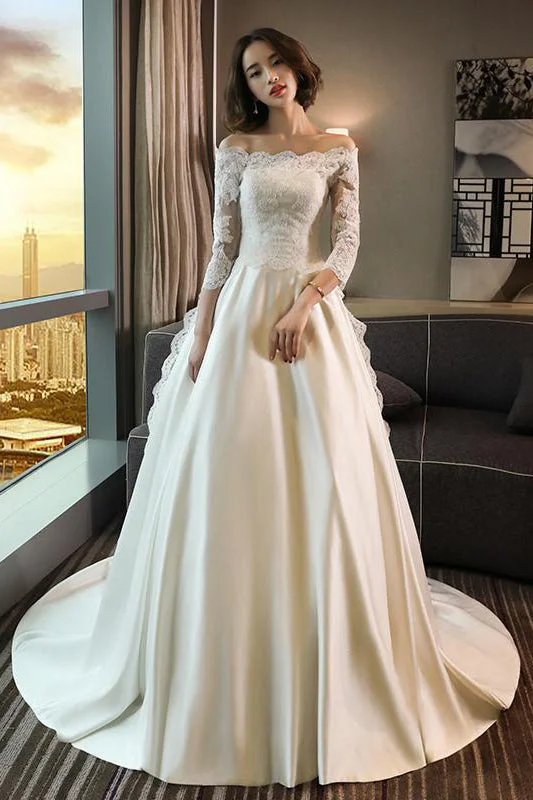Satin Wedding Dresses with Beaded Detail for Extra Glam -Modest 3/4 Sleeve Off the Shoulder A Line Lace Wedding Dresses OK642 Satin Wedding Dresses with Beaded Detail for Extra Glam -Modest 3/4 Sleeve Off the Shoulder A Line Lace Wedding Dresses OK642
