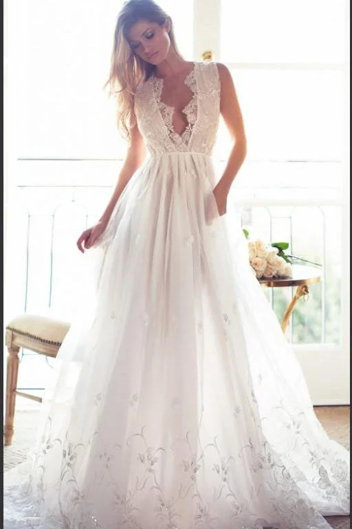 Lace Wedding Dresses with 3D Flowers for Floral Appeal -Modest A Line Chiffon V-neck Long Appliqued Wedding Dress,Custom Made Beach Wedding Dress OK268