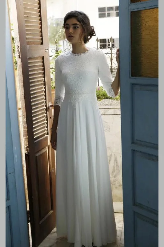 Simple Satin Wedding Dresses for Understated Elegance -Modest Chiffon 3/4 Sleeves Floor Length Wedding Dress with Lace Top OK1424