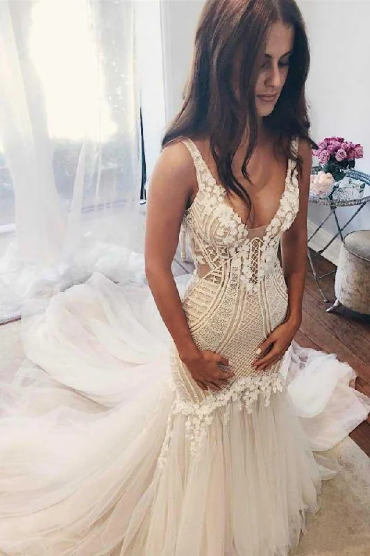 Minimalist Wedding Dresses for Understated Beauty -Charming Mermaid Ivory Sexy Sleeveless Lace Wedding Dresses OKC82