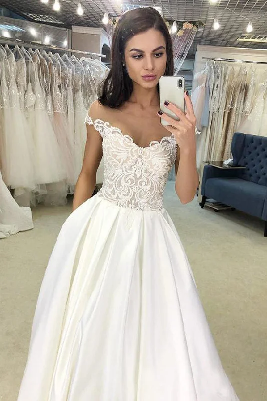 Soft Satin Wedding Dresses with V-Neck for Flattering Look -Modest Off The Shoulder Ivory Satin A-line Wedding Dress With Pockets OKY7