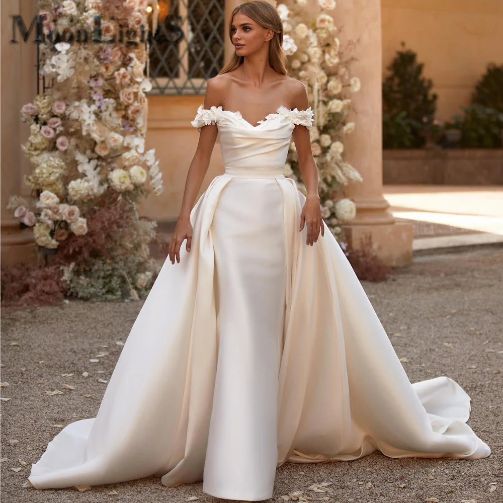 Backless Wedding Dresses for Sexy Appeal -Watteau Train Women Long Dresses Party Satin Fabric 3D Blossoms