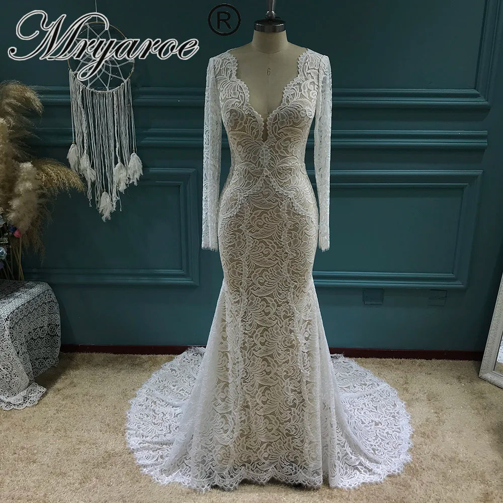 Soft Tulle Wedding Dresses for Dreamy Wedding Day -Stretch Lace Long Sleeves Mermaid Wedding Dress Flexible Boho Bridal Gowns Soft Tulle Wedding Dresses for Dreamy Wedding Day -Stretch Lace Long Sleeves Mermaid Wedding Dress Flexible Boho Bridal Gowns