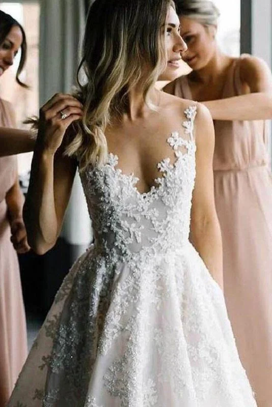 White Wedding Dresses for Traditional Brides -New Arrival A-line V-neck Floral Organza Lace Bridal Dress Wedding Dress OKU86
