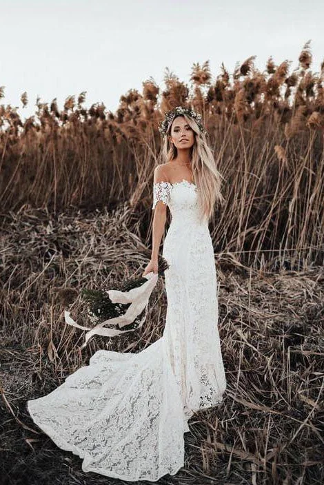 Silk and Lace Wedding Dresses for Classic Charm -New Arrival Ivory Mermaid Lace Off the Shoulder Beach Wedding Dresses OKF85